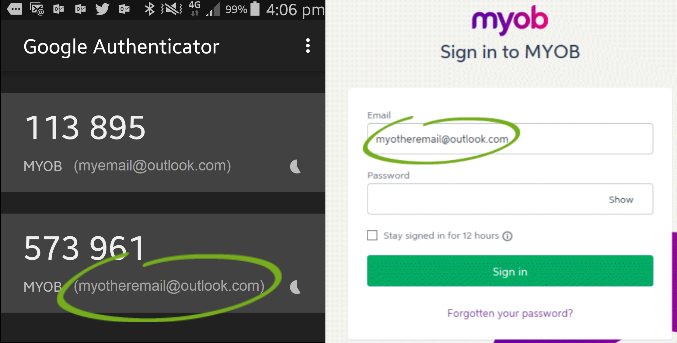 Ensure your MYOB login email matches your 2FA account