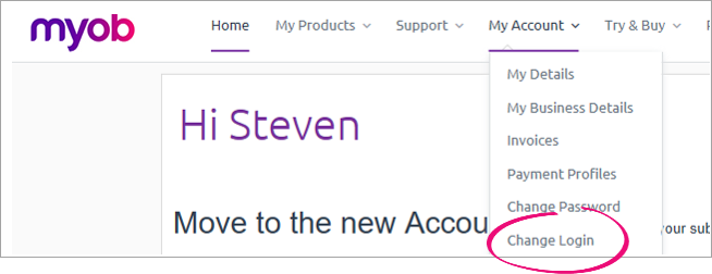 My Account page, showing the Change Login option on the My Account menu My Account page, showing the Change Login option on the My Account menu