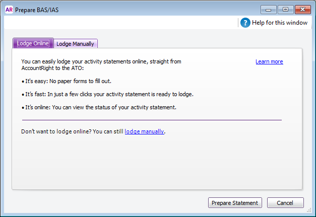 MYOB AccountRight > Get ready to lodge activity statements online > PrepareBASIAS_window.png (Prepare BAS/IAS window)