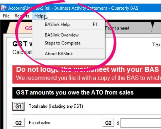 BASlink help menu with options BASlink help menu with options