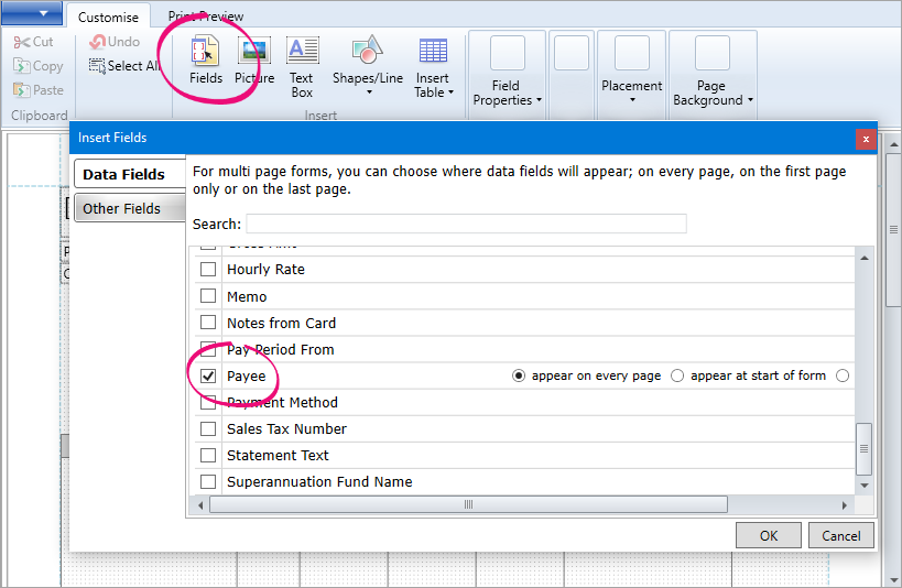 Customise forms window with Fields button highlighted and payee field selected