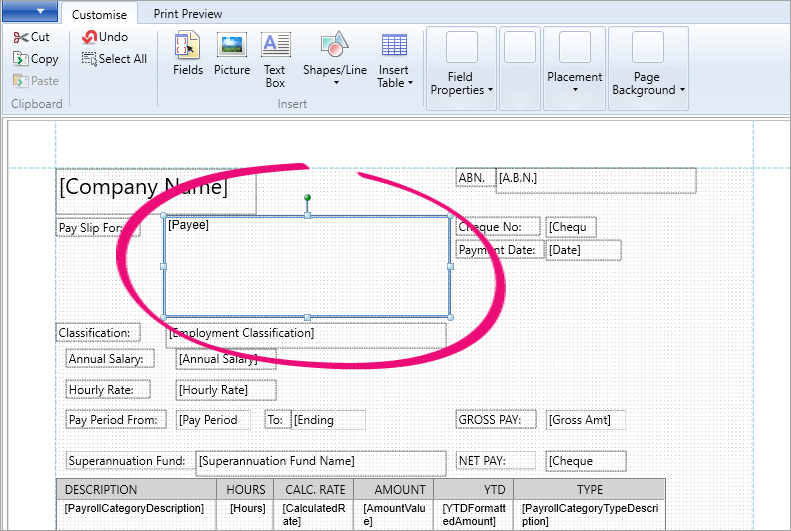 Customised pay slip form with payee field added Customised pay slip form with payee field added