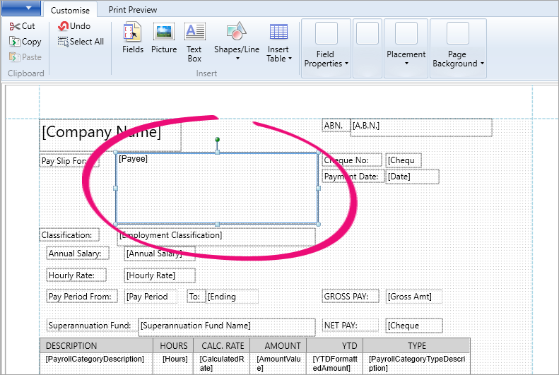 Customised pay slip form with payee field added