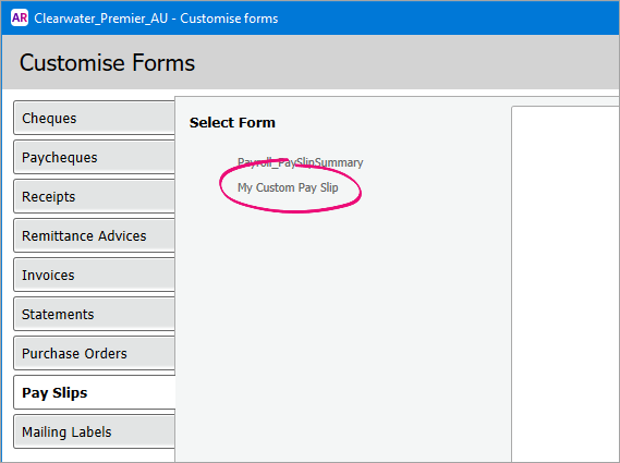 Forms window with customised form highlighted