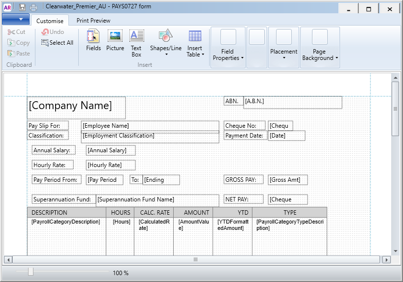 pay slip form in editor window pay slip form in editor window