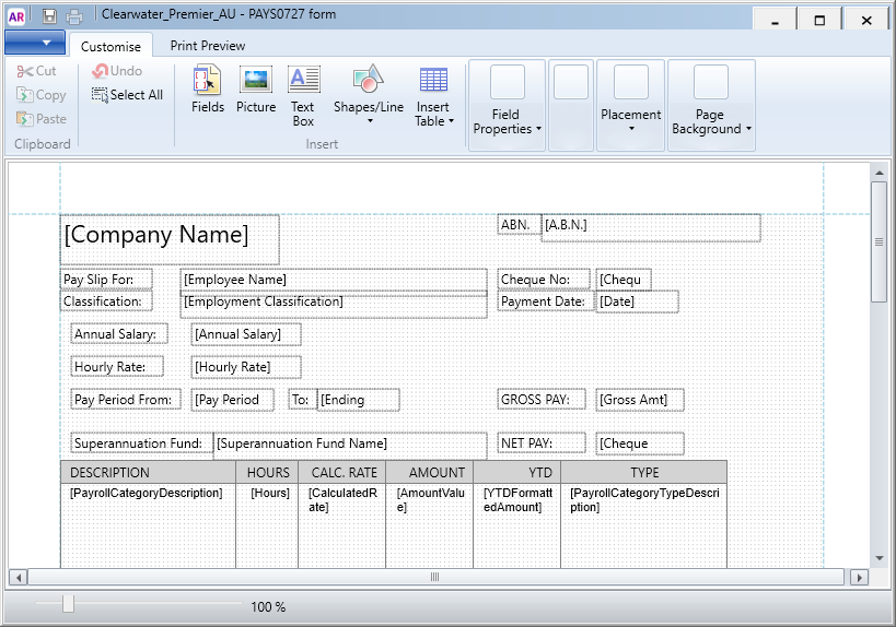 pay slip form in editor window