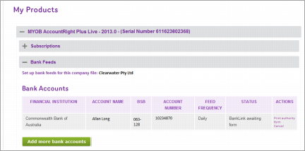 My products page in my.myob showing bank feed status