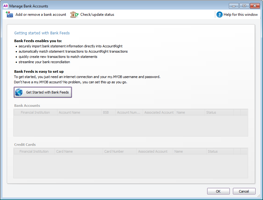 Manage bank accounts window with get started with bank feeds button