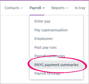 PAYG payment summaries command on the Payroll menu