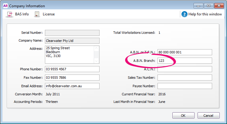 Company Information window with ABN branch number field highlighted