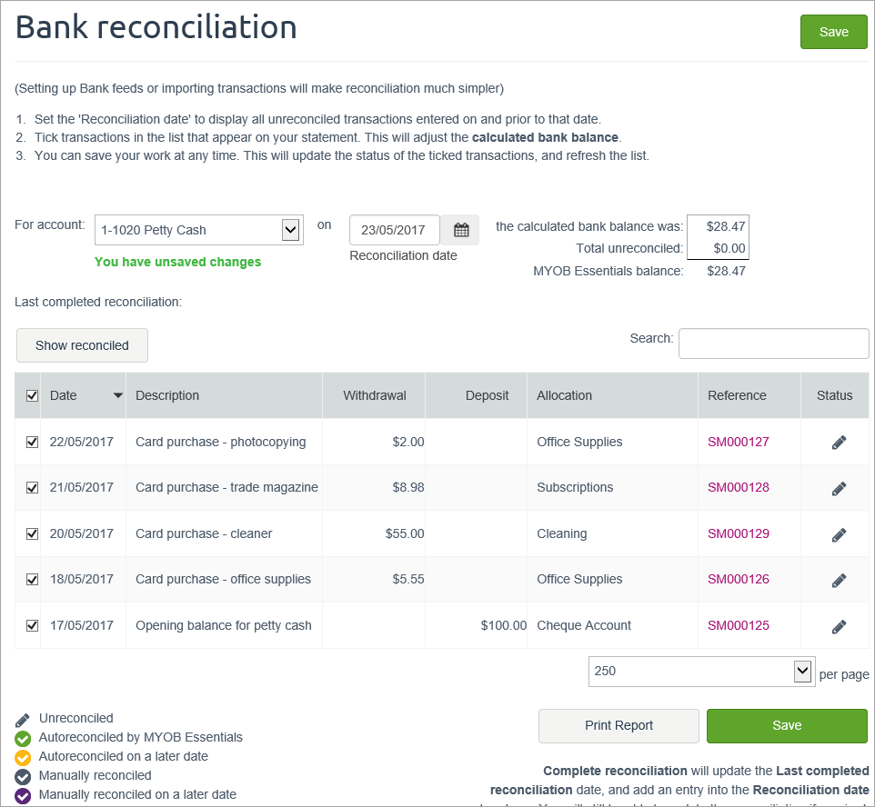 example bank reconciliation with petty cash transactions selected