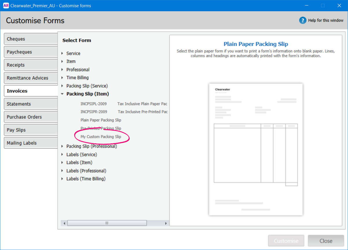 Customised forms list with new form highlighted