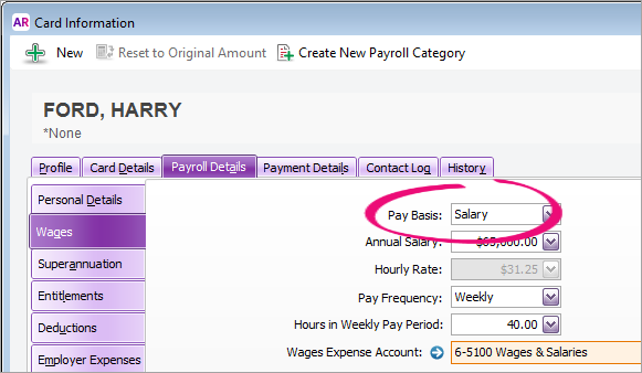 Employee card with pay basis highlighted