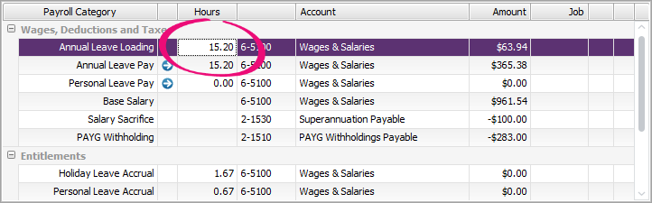 MYOB AccountRight > Leave loading > Leave loading on pay.png (Example pay with 15.2 hours entered against leave loading category) Example pay with 15.2 hours entered against leave loading category