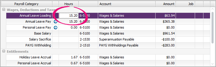 Example pay with 15.2 hours entered against leave loading category