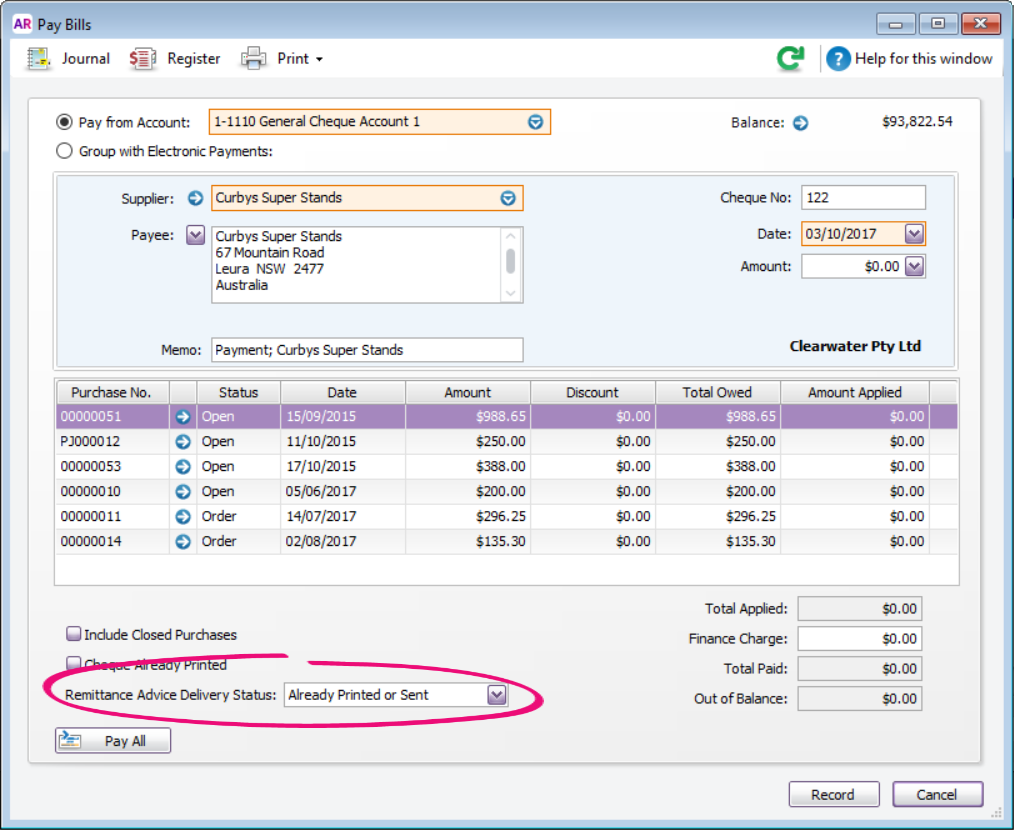 Delivery status on Pay Bills window Delivery status on Pay Bills window