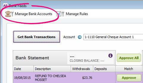 Bank feeds window with manage bank accounts button highlighted