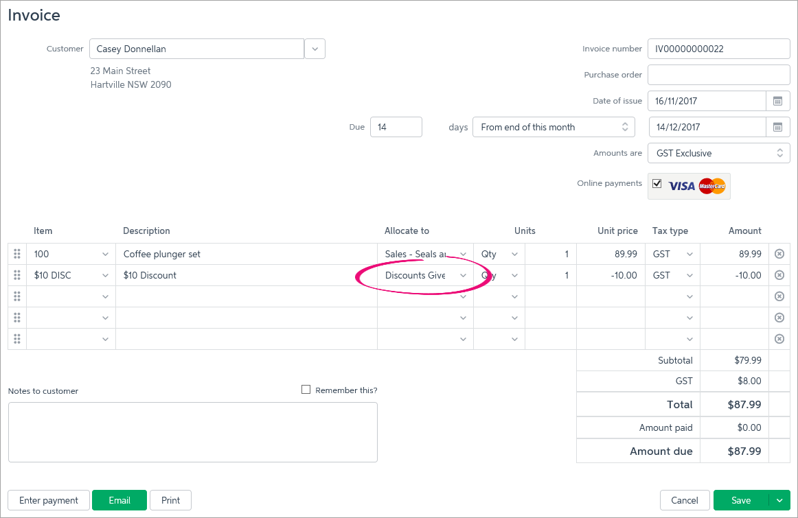 Discount item on invoice with Allocate to account highlighted