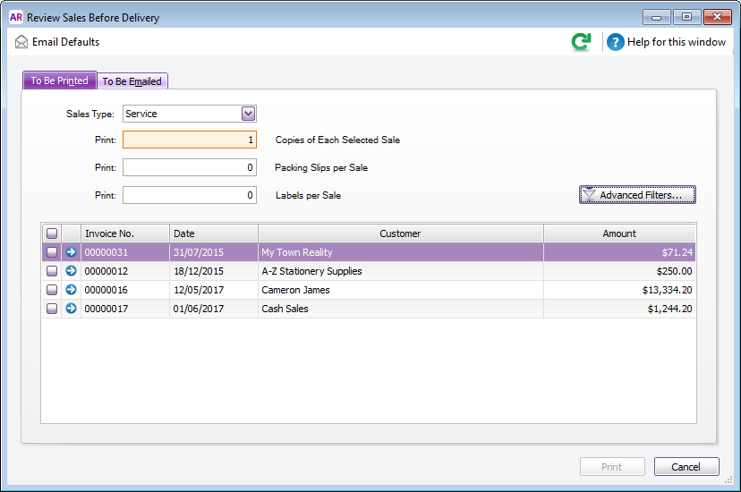 Print / Email Invoices list