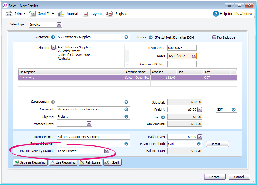 Sale with the invoice delivery status highlighted Sale with the invoice delivery status highlighted
