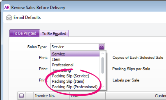 Sale type dropdown list with packing slip sales types highlighted Sale type dropdown list with packing slip sales types highlighted