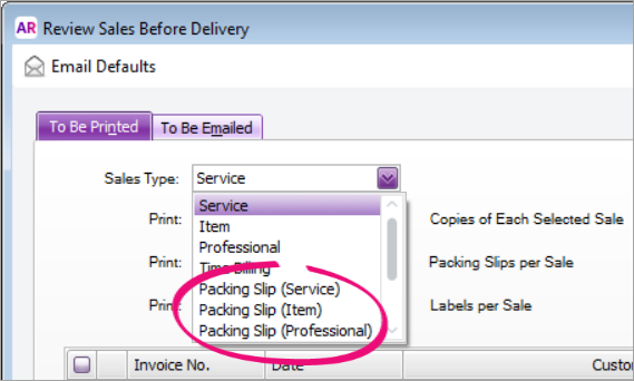 Sale type dropdown list with packing slip sales types highlighted