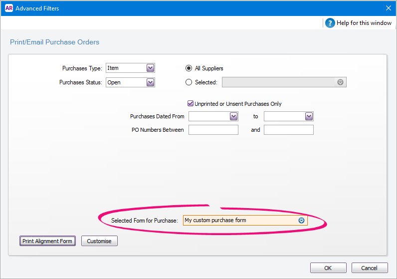 Advanced filters window with default form highlighted