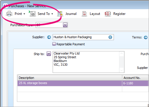 Purchases window with print and send to buttons highlighted Purchases window with print and send to buttons highlighted