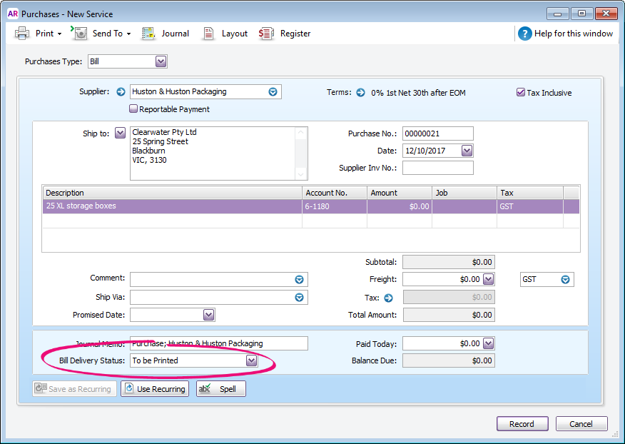 Bill with delivery status showing to be printed