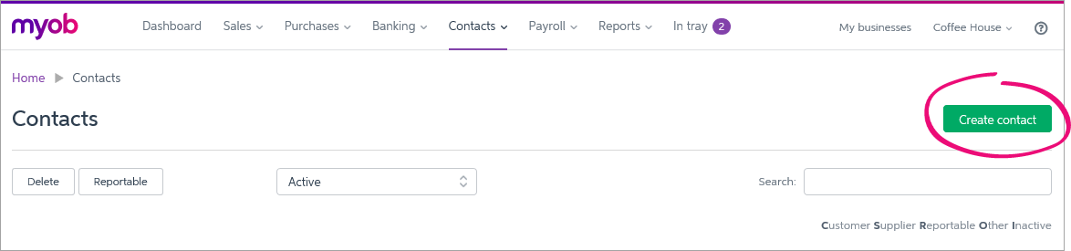 Create contact button highlighted on contacts page