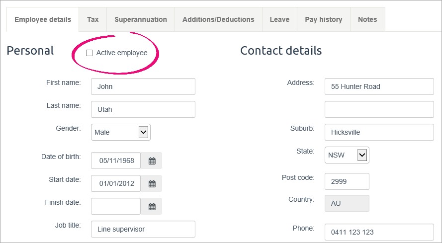 Employee record with active employee option deselected