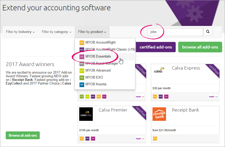 add-ons page with MYOB Essentials highlighted