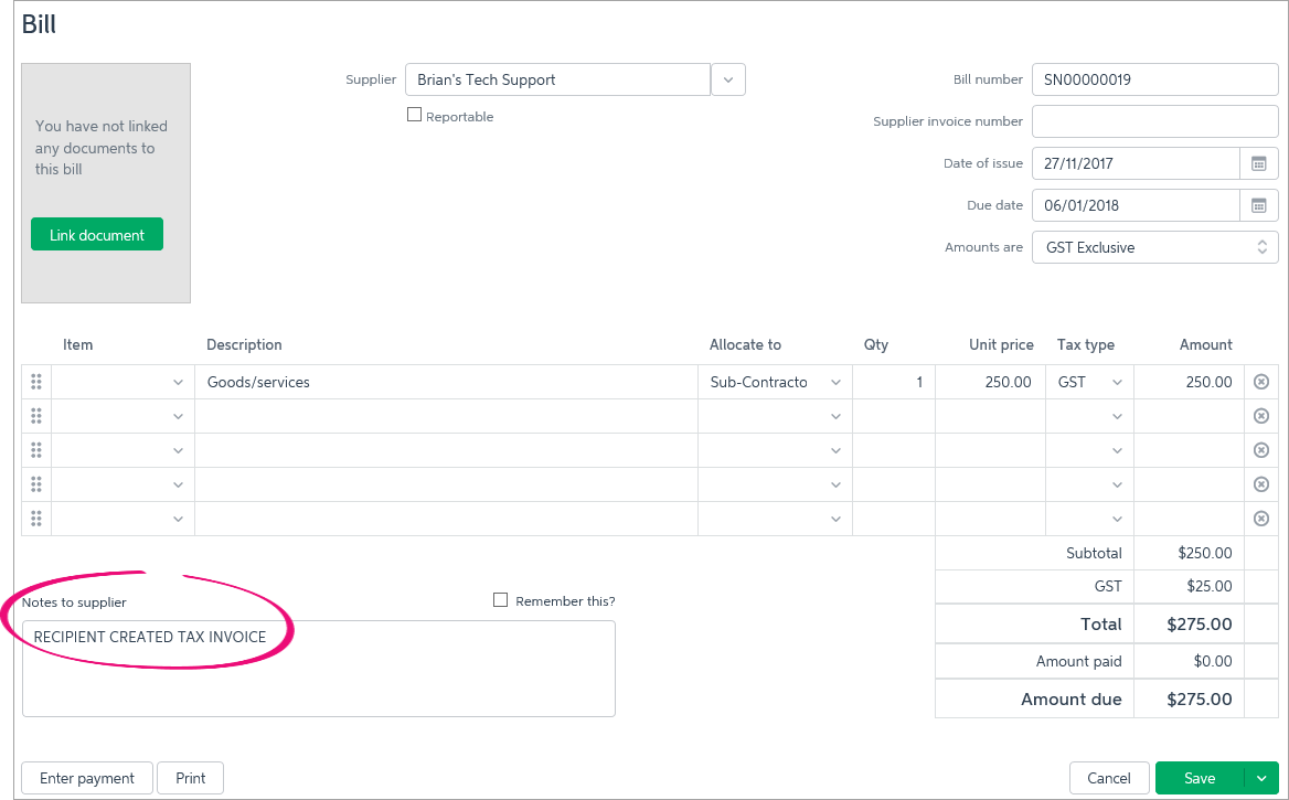 Bill with recipient created tax invoices entered into notes field