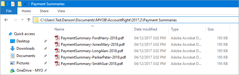 example file explorer window showing saved payment summaries