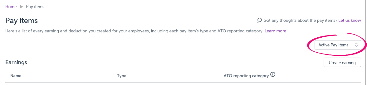 Pay item filter option with active pay items highlighted