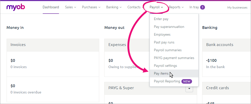Pay items option on the Payroll menu