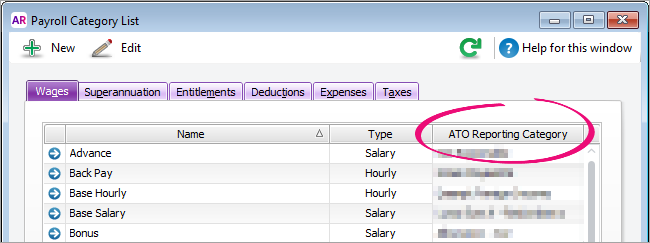 Payroll Category List window with ATO reporting category column highlighted