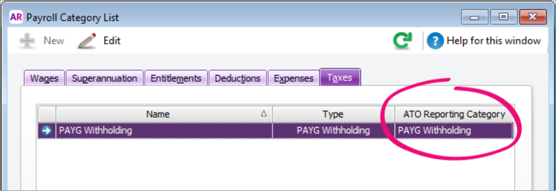 Payroll Category Liust window showing ATO reporting category set to PAYG withholding