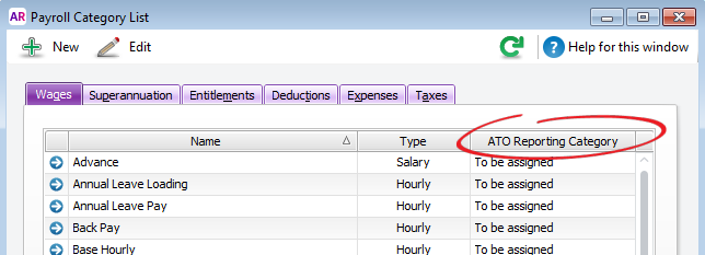 payroll category ATO reporting category to be assigned