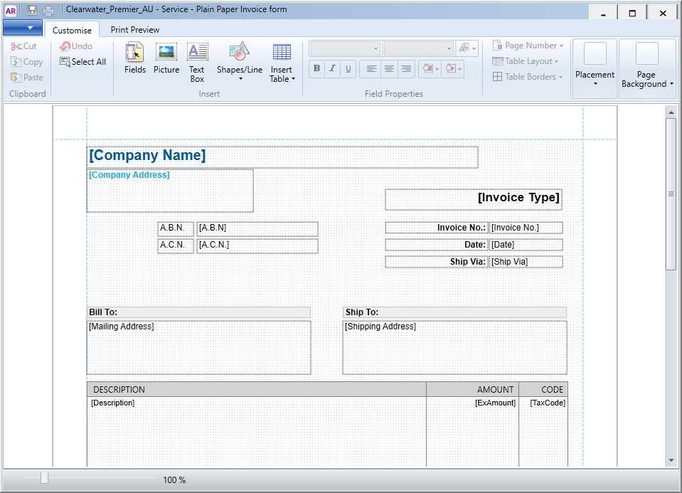 Invoice customisation window