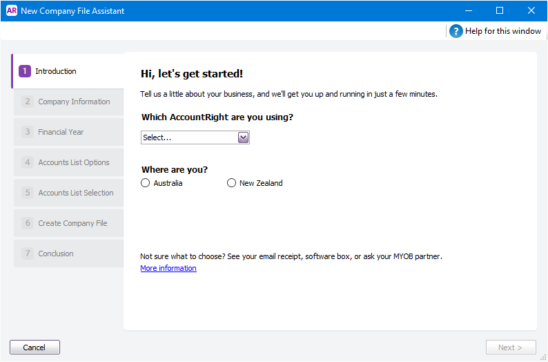 New company file assistant window