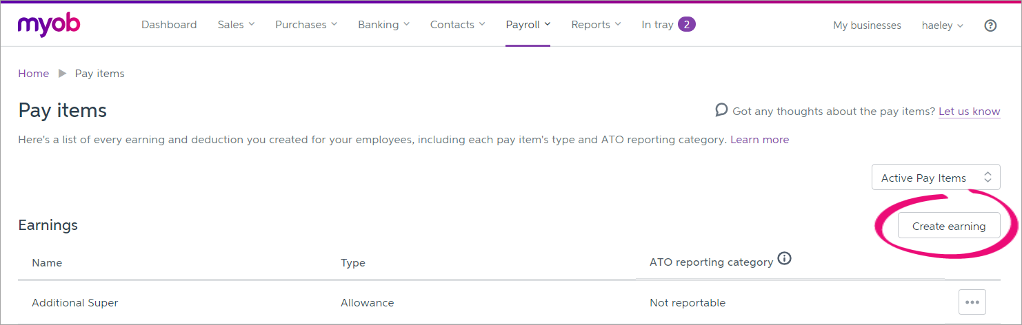 Pay items page with create earning button highlighted