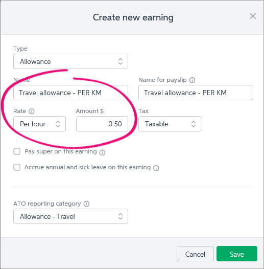example travel allowance setup with rate and amount highlighted
