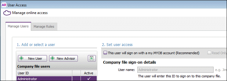 User Access window