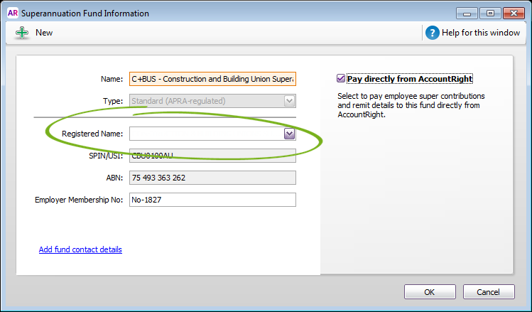 Superannuation fund information window with registered name field highlighted Superannuation fund information window with registered name field highlighted