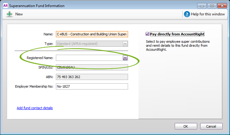 Superannuation fund information window with registered name field highlighted