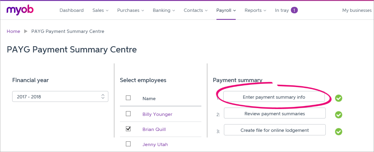 PAYG Payment Summary Centre with enter payment summary info button highlighted