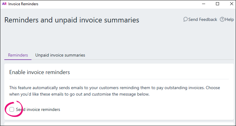 Deselect Send invoice reminders