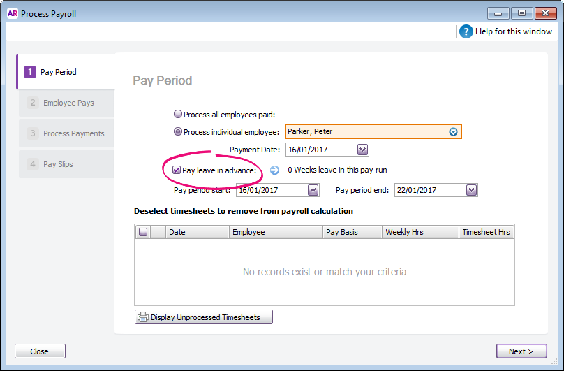 Process payroll window with pay leave in advance option selected
