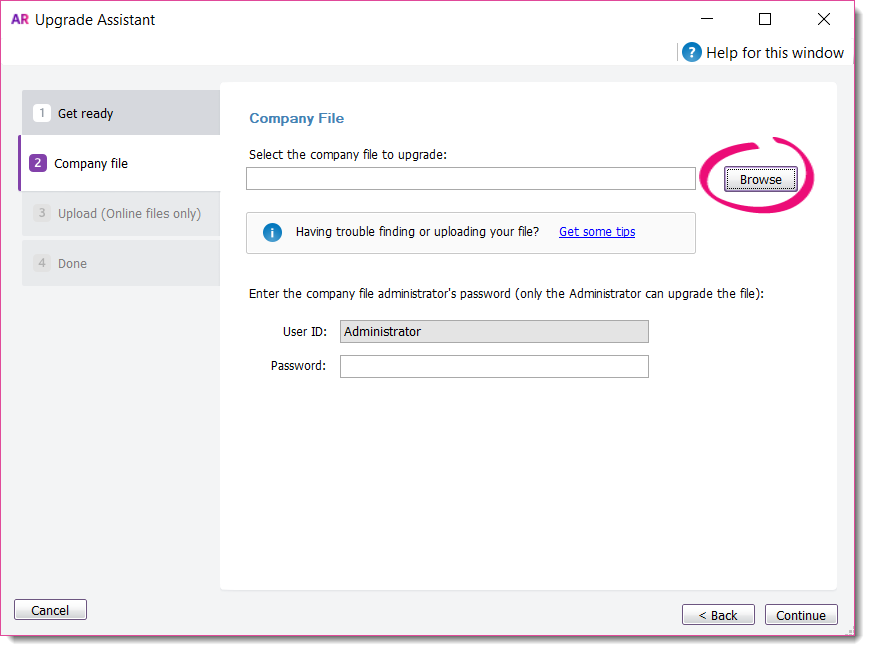 AccountRight upgrade assistant browse for company file